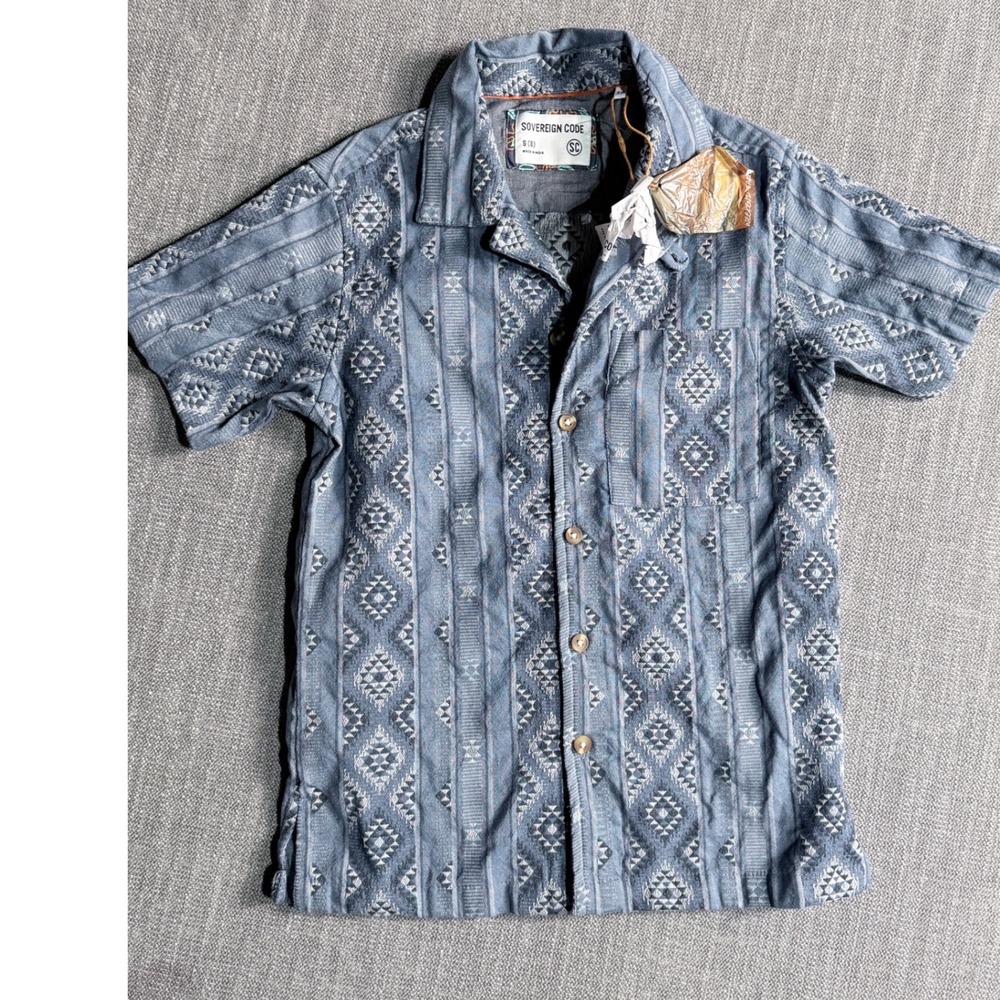 Sovereign Code Boys Blue Geometric Tribal Jacquard Button Down Shirt Size S 8